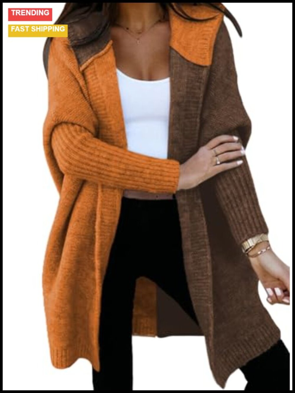 Hooded Knit Cardigan Sweater Color Block Patchwork Open Front Long Sleeve